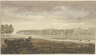 Jacob van Liender - Landschaft im Hintergrunde ein langes Wldchen vorne Felder mit einigen Fruchtgarben.webp