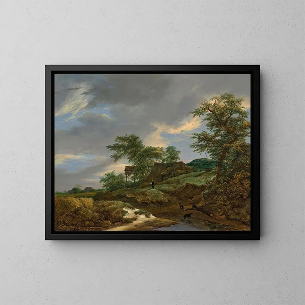 eines bewaldeten Landschaftsgemäldes mit einem Mann und zwei Hunden auf einem Weg, ein Häuschen im Hintergrund - Jacob van Ruisdael — gerahmtes Bild an der Wand