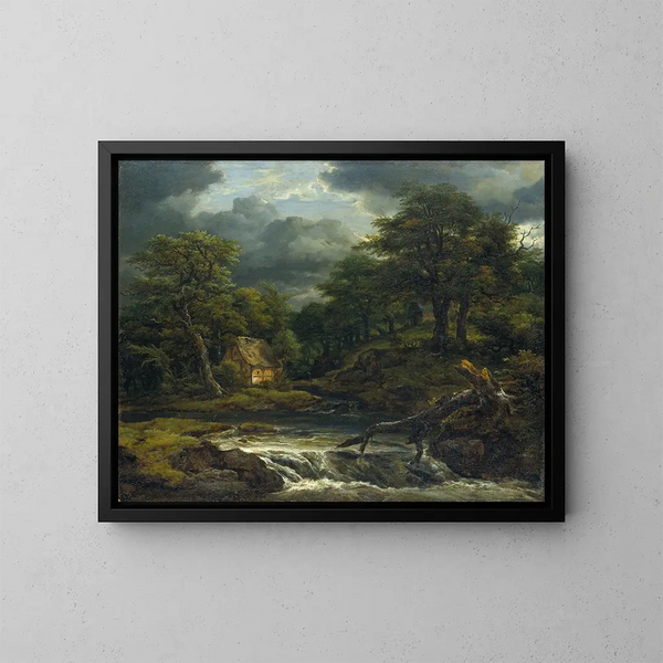 Landschafts-Gemälde mit Wasserfall und drohendem Gewitter - Jacob van Ruisdael — gerahmtes Bild an der Wand