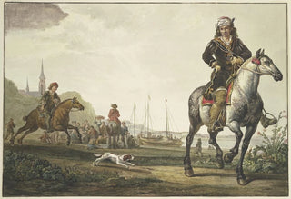 Jacob van Strij - Am Ufer eines Flues sitzt viel Volk bei den Schiffen vorne rechts ein reich gekleideter Reiter mit einem Turban links galopiert ein zweiter.webp