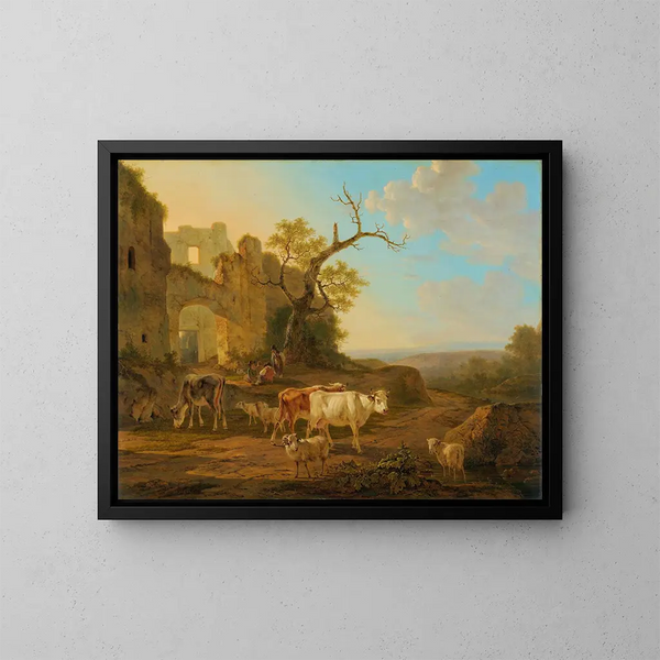 Landschaft mit Kühen bei einer Ruine - Jacob van Strij — gerahmtes Bild an der Wand
