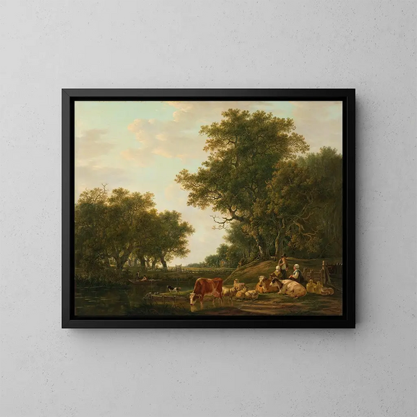 Landschaftsgemälde mit Bauern, ihrem Vieh und Fischern auf dem Wasser - Jacob van Strij — gerahmtes Bild an der Wand