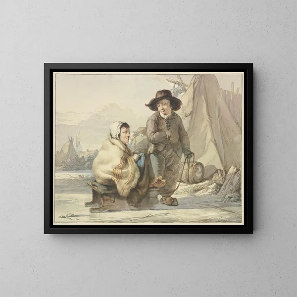 Mädchen auf einem Schlitten mit einem Jungen im Lager - Jacob van Strij — gerahmtes Bild an der Wand