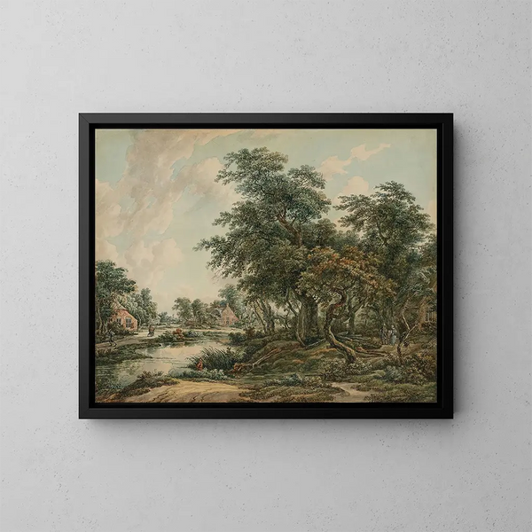 Landschaft mit Bäumen, Figuren und Häusern am Uferufer - Jacob van Strij — gerahmtes Bild an der Wand
