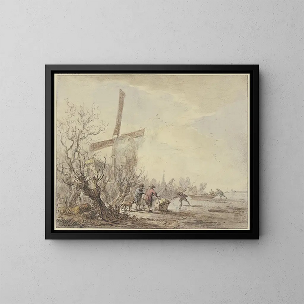 Flussufer mit Mühle - Jacob van Strij — gerahmtes Bild an der Wand
