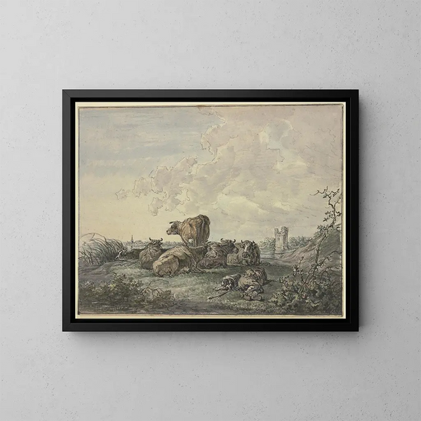 Bergère endormie und Viehherde in einer Landschaft - Jacob van Strij — gerahmtes Bild an der Wand