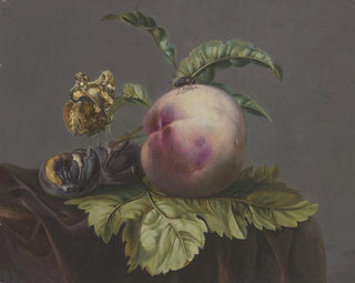Jacoba Maria van Nickelen - Schmetterling und Fliege bei einem Pfirsich.webp