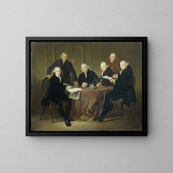 Die Vier Regenten, der Sekretär und der Vater des Hauses der Aussätzigen in Amsterdam 1773 - Jacobus Luberti Augustini — gerahmtes Bild an der Wand