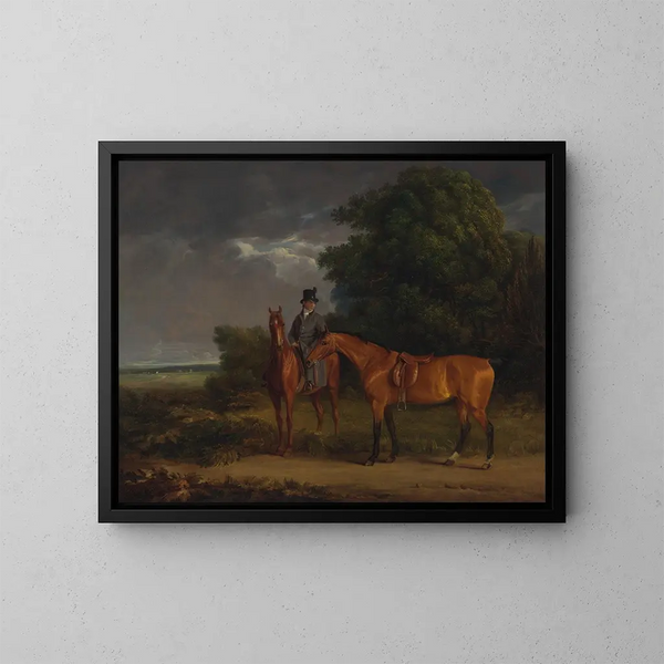 Ein verheirateter Mann auf einem Jagdrosspferd in Ziegelrot, der ein braunes Pferd an den Zügeln hält - Jacques-Laurent Agasse — gerahmtes Bild an der Wand
