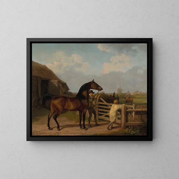 Ein Hengst, der durch eine Tür zu einer Stute geführt wird - Jacques-Laurent Agasse — gerahmtes Bild an der Wand