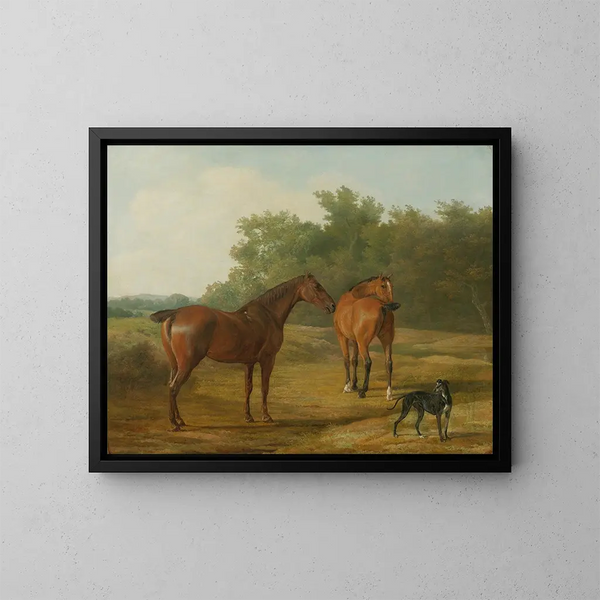 Zwei Pferde und ein Windhund in einer Landschaft - Jacques-Laurent Agasse — gerahmtes Bild an der Wand