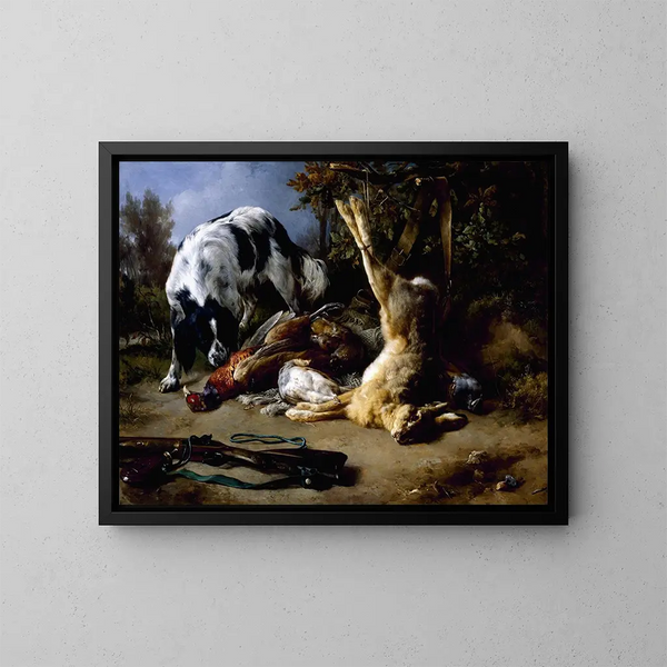 Spaniel mit einem Stillleben von erlegtem Wild - Jacques-Raymond Brascassat — gerahmtes Bild an der Wand