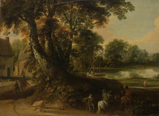 Jacques dArthois - Landscape with a Group of Trees at the Shore of a Lake Three Riders on the Road in the Foreground.webp