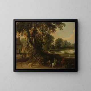 Jacques dArthois - Landscape with a Group of Trees at the Shore of a Lake Three Riders on the Road in the Foreground.webp