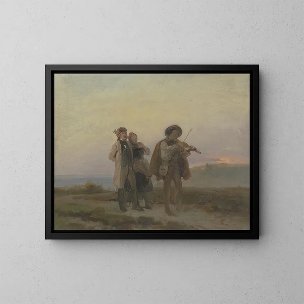 Promenade du soir, violoniste et couple de paysans dans les champs - Jakob Becker — gerahmtes Bild an der Wand