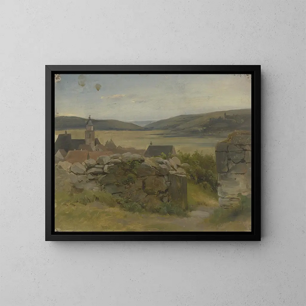 Kleines Dorf mit Blick auf die Wiese - Jakob Becker — gerahmtes Bild an der Wand