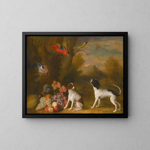 Landschaft mit exotischen Vögeln und zwei Hunden - Jakob Bogdány — gerahmtes Bild an der Wand