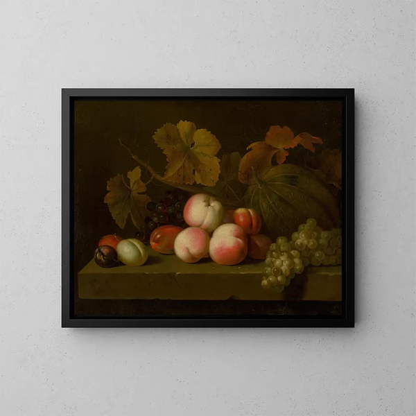 Naturstillleben mit Pfirsichen, Trauben, Pflaumen und Melone - Jakob Bogdány — gerahmtes Bild an der Wand