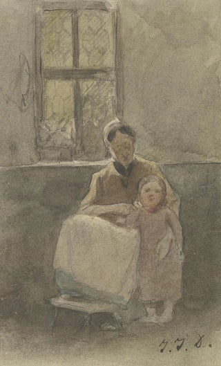 Jakob Frchtegott Dielmann - Eine Frau an einem Fenster sitzend hlt ein neben ihr stehendes Kind.webp