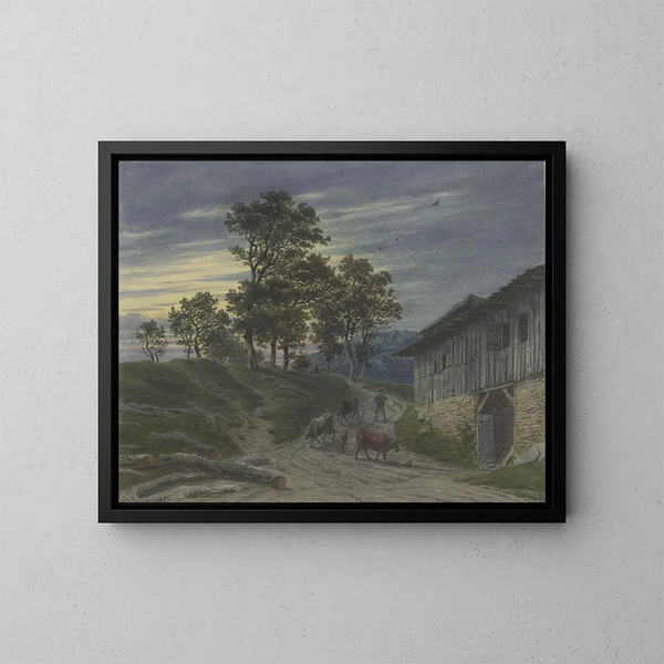 Rückkehr der Herde in den Stall am Abend - Jakob Maurer — gerahmtes Bild an der Wand