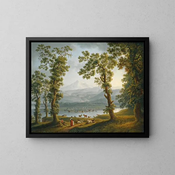 Blick durch den Fluss Volturno nach Alife, Piedimonte Matese und die Berge des Matese, die darüber aufsteigen - Jakob Philipp Hackert — gerahmtes Bild an der Wand