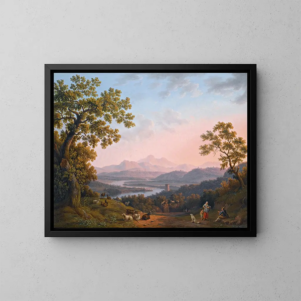 Eine Aussicht entlang des Tiber-Fluss-Tals nach Poggio Mirteto und jenseits der beleuchteten Sonnenuntergangs-Sabiner Berge - Jakob Philipp Hackert — gerahmtes Bild an der Wand