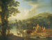 eines bewaldeten Flusslandschaftsgemäldes mit einer Frau auf einem grauen Pferd und Tieren beim Trinken - Jakob Philipp Hackert — Ansicht des Kunstwerks