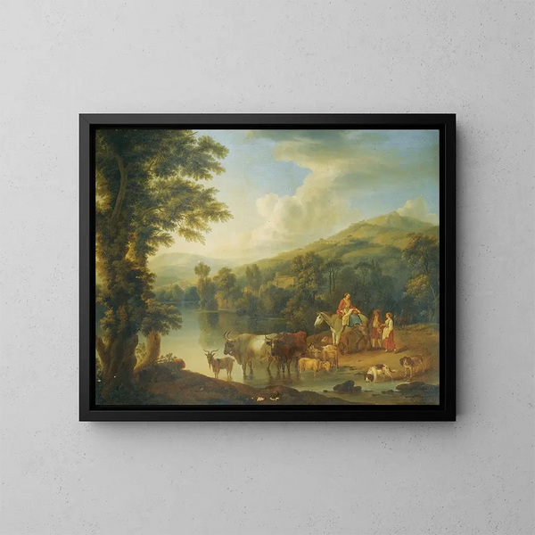 eines bewaldeten Flusslandschaftsgemäldes mit einer Frau auf einem grauen Pferd und Tieren beim Trinken - Jakob Philipp Hackert — gerahmtes Bild an der Wand