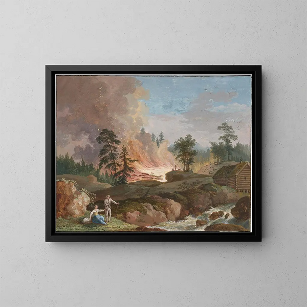 Ein Landschaft in Schweden mit Bauern, die Holz verbrennen, und einem Paar, das sich in der Nähe eines Bachs ausruht - Jakob Philipp Hackert — gerahmtes Bild an der Wand