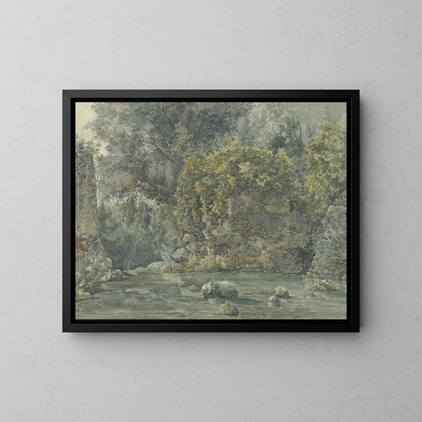 Landschafts-Gemälde mit Ruine am Bachufer - Jakob Philipp Hackert — gerahmtes Bild an der Wand