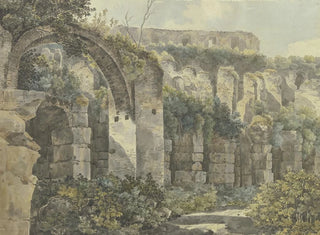 Jakob Philipp Hackert - Rmische Ruinen mit groem Bogen und hohen Mauern von Pflanzen berwuchert.webp