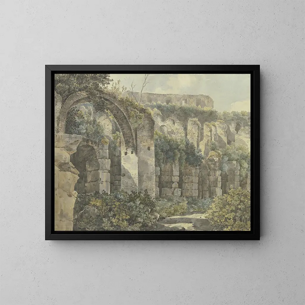 römischer Ruinen mit einem großen Bogen und hohen von Pflanzen überwucherten Mauern - Jakob Philipp Hackert — gerahmtes Bild an der Wand