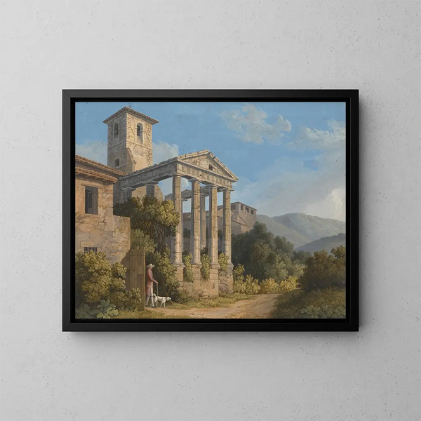 Der Tempel des Herkules in Cori bei Velletri - Jakob Philipp Hackert — gerahmtes Bild an der Wand