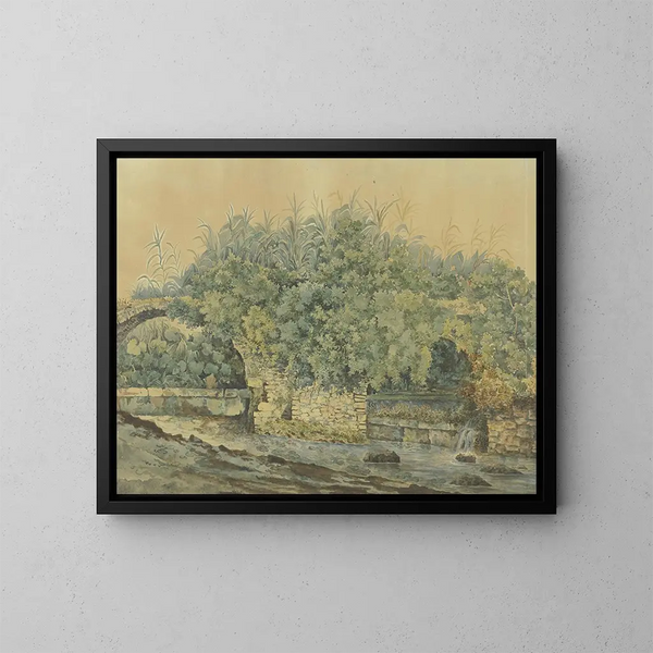 Brücke aus Steinen in Ruinen an einem Bach, überwuchert von Büschen und Pflanzen - Jakob Philipp Hackert — gerahmtes Bild an der Wand