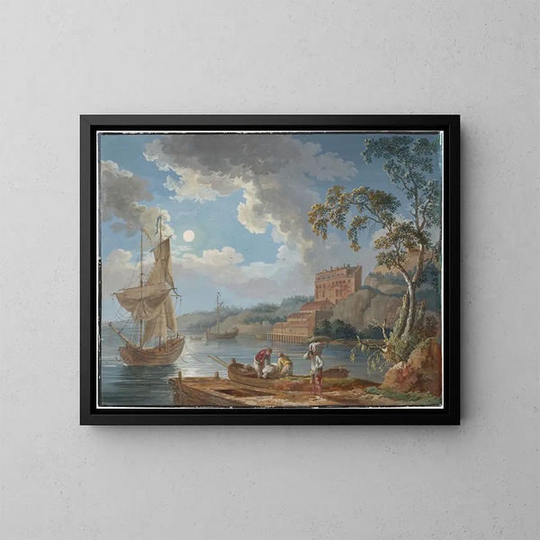 Ansicht der Keramik von Marieberg bei Stockholm mit Booten und Fischern - Jakob Philipp Hackert — gerahmtes Bild an der Wand