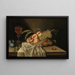 Vielfältiges Obst in einer Schüssel, ein Weinglas und ein Tuch auf einem Tisch - Jakob Samuel Beck — gerahmtes Bild an der Wand
