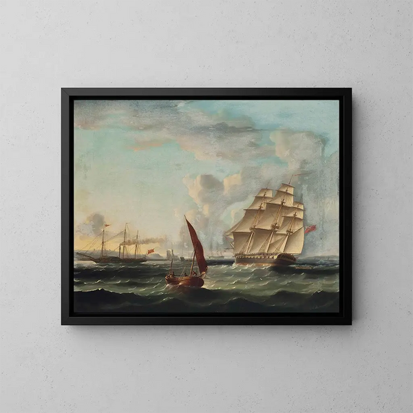 Frégate, die sich der Mündung des Tejo nähert, mit einem Dampfschiff, das den Belém-Turm in Lissabon passiert - James Edward Buttersworth — gerahmtes Bild an der Wand