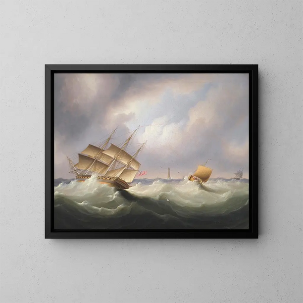 Frégate vor einem Leuchtturm - James Edward Buttersworth — gerahmtes Bild an der Wand