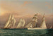 Le Yacht EMILY vom New York Yacht Club, das eine Wettfahrt zwischen den Jollen DREADNOUGHT und COLUMBIA beobachtet - James Edward Buttersworth — Ansicht des Kunstwerks