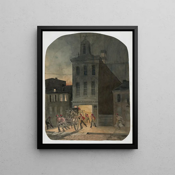 Feuerwehrszenen in Philadelphia mit den Feuerwehrleuten der Weccacoe Engine Co. - James Fuller Queen — gerahmtes Bild an der Wand