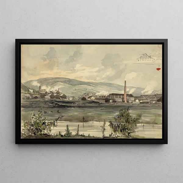 Vue de rivière avec usine - James Fuller Queen — gerahmtes Bild an der Wand