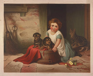 Kleine Mädchen, das gegen eine umgestürzte Wanne lehnt - James Fuller Queen — Ansicht des Kunstwerks