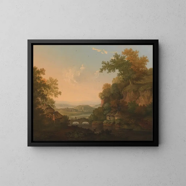 Eine Flussszene mit Schilfhütten in der Nähe einer Brücke über eine Schleuse - James Lambert de Lewes — gerahmtes Bild an der Wand