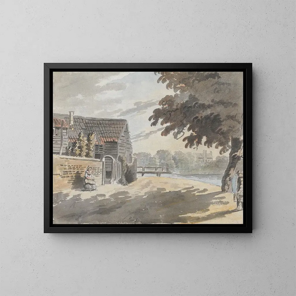 Haus in der Nähe einer Brücke - James Miller — gerahmtes Bild an der Wand