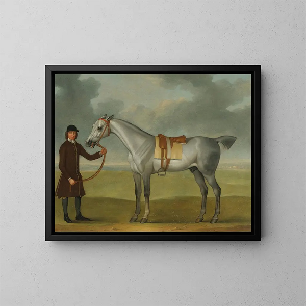 M. Thomas Panton und ein graues Rennpferd, gehalten von einem Stallburschen auf Newmarket Heath - James Seymour — gerahmtes Bild an der Wand