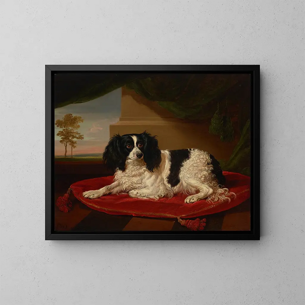 Ein King Charles Spaniel auf einem roten Kissen - James Ward — gerahmtes Bild an der Wand