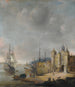 Eine Hafenansicht mit einem Kriegsschiff und anderen Schiffcharakteren, die am Ufer diskutieren - Jan Abrahamsz Beerstraaten — Ansicht des Kunstwerks