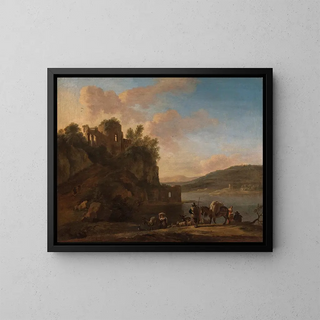 Jan Asselijn - An Italianate River Landscape With Herders On A Path With Their Flock And Donkeys.webp