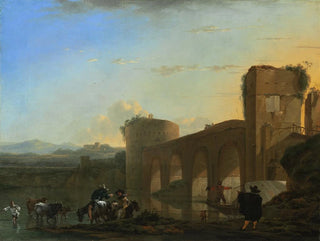 Der Tiber-Fluss mit der Milvius-Brücke bei Sonnenuntergang - Jan Asselijn — Ansicht des Kunstwerks