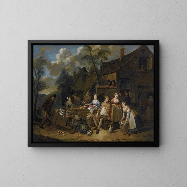 Ein elegantes Unternehmen in einer Landschaft mit verschiedenen Früchten und Gemüse, ein Mann mit einem Bollerwagen, der von links kommt - Jan Baptist Lambrechts — gerahmtes Bild an der Wand
